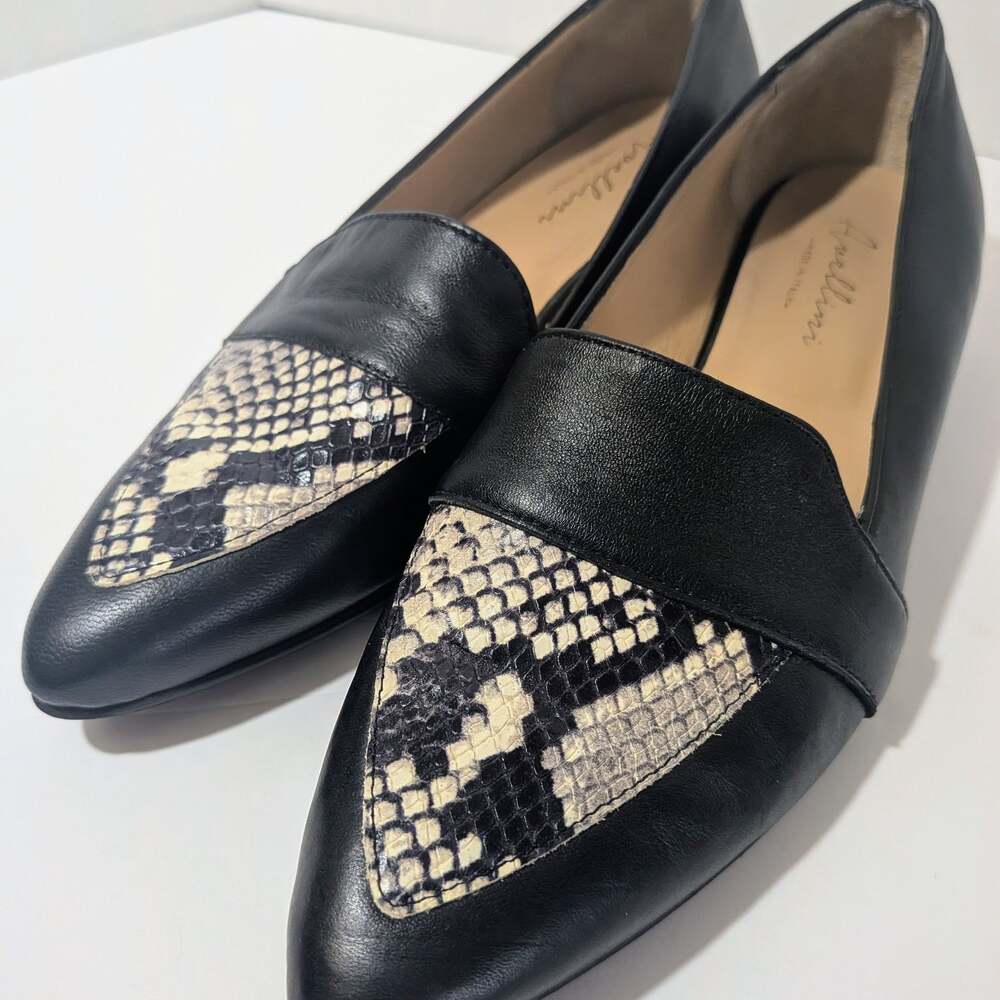 Avellini Black Leather Slip-on Pointed Toe Snake Print Loafers 859P Size 39
